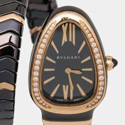 Pre Owned Bvlgari Brown 18k Rose Gold Ceramic Diamond Serpenti Spiga 103060 Women's Wristwatch 35 mm