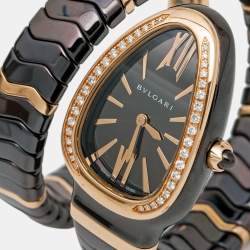 Pre Owned Bvlgari Brown 18k Rose Gold Ceramic Diamond Serpenti Spiga 103060 Women's Wristwatch 35 mm