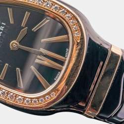 Pre Owned Bvlgari Brown 18k Rose Gold Ceramic Diamond Serpenti Spiga 103060 Women's Wristwatch 35 mm