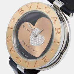 Pre Owned Bvlgari Double Heart Diamond 18k Rose Gold Stainless Steel Leather B.Zero1 BZP35S Women's Wristwatch 35 mm