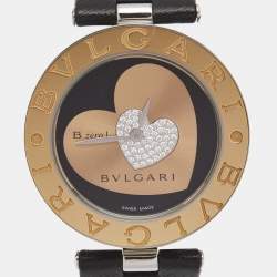 Pre Owned Bvlgari Double Heart Diamond 18k Rose Gold Stainless Steel Leather B.Zero1 BZP35S Women's Wristwatch 35 mm