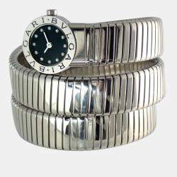 Pre Owned BVLGARI Black Stainless Steel Tubogas Snake 12P Diamond BB191TS Women's Watch 19 mm