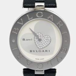 Pre Owned Bvlgari SIlver Heart Diamond Pave Stainless Steel Leather B.Zero1 BZ 35 S Women's Wristwatch 35 mm