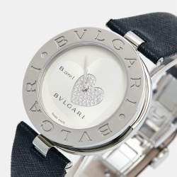Pre Owned Bvlgari SIlver Heart Diamond Pave Stainless Steel Leather B.Zero1 BZ 35 S Women's Wristwatch 35 mm