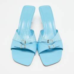 مملوكة مسبقًا By Far Size 39 Blue Croc Embossed Leather and Leather Slide Sandals