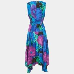 Pre Owned Calvin Klein Blue Floral Print Crepe Asymmetrical Midi Dress M