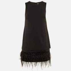 Pre Owned Calvin Klein Black Crepe Feather Trim Sheath Dress S