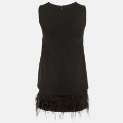 Pre Owned Calvin Klein Black Crepe Feather Trim Sheath Dress S