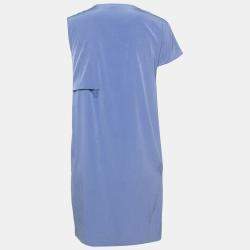Carven Cornflower Blue Crepe Ruched Asymmetric Sleeve Shift Dress M