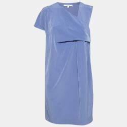 Carven Cornflower Blue Crepe Ruched Asymmetric Sleeve Shift Dress M