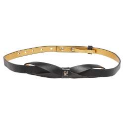 Pre Owned Carolina Herrera Black Leather Bow Slim Belt 75CM