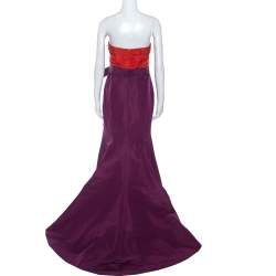 Pre Owned Carolina Herrera Red and Purple Color-block Silk Strapless Gown L