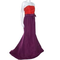 Pre Owned Carolina Herrera Red and Purple Color-block Silk Strapless Gown L