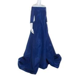 Pre Owned Carolina Herrera Blue Silk Off Shoulder Gown XL