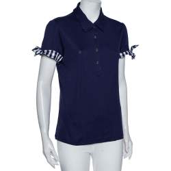 Pre Owned Carolina Herrera Indigo Cotton Check Trim Detail Polo T-Shirt L