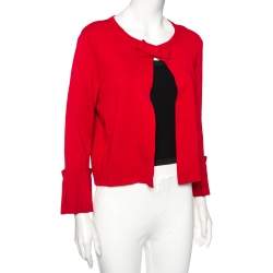 مملوكة مسبقًا CH Carolina Herrera Red Knit Buttoned Bow Neck Detail Cape Cardigan L