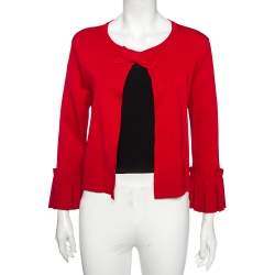 مملوكة مسبقًا CH Carolina Herrera Red Knit Buttoned Bow Neck Detail Cape Cardigan L