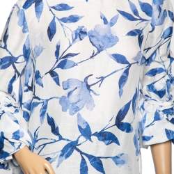 Pre Owned Carolina Herrera White & Blue Floral Print Silk Flounce Sleeve Top XL