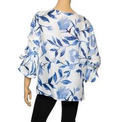 Pre Owned Carolina Herrera White & Blue Floral Print Silk Flounce Sleeve Top XL