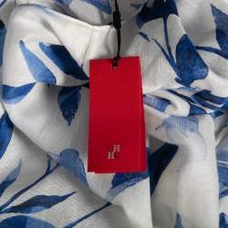 Pre Owned Carolina Herrera White & Blue Floral Print Silk Flounce Sleeve Top XL