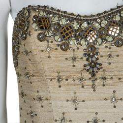 Pre Owned فستان كارولينا هيريرا حرير بيج أومبريه مطرز بلا حمالات M