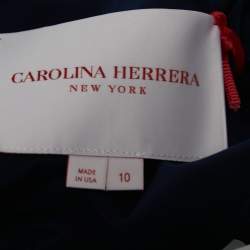 Carolina Herrera Navy Blue/White Polka Dot Contrast Taffeta One Shoulder Midi Dress L