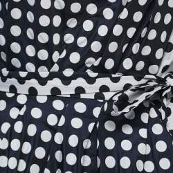Carolina Herrera Navy Blue/Grey Polka Dot Taffeta One Shoulder Cascade Midi Dress M