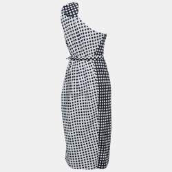 Carolina Herrera Navy Blue/Grey Polka Dot Taffeta One Shoulder Cascade Midi Dress M