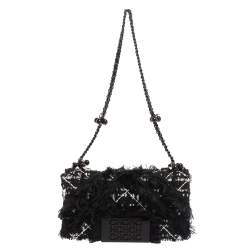 Pre Owned Carolina Herrera Black Tweed CH Flap Shoulder Bag
