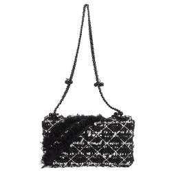 Pre Owned Carolina Herrera Black Tweed CH Flap Shoulder Bag