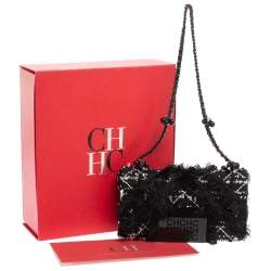 Pre Owned Carolina Herrera Black Tweed CH Flap Shoulder Bag