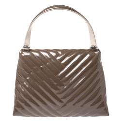 Carolina Herrera Dark Beige Quilted Chevron Patent Leather Flap Top Handle Bag