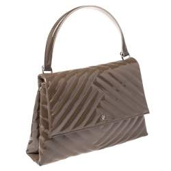 Carolina Herrera Dark Beige Quilted Chevron Patent Leather Flap Top Handle Bag