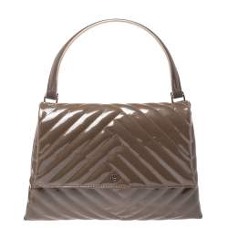 Carolina Herrera Dark Beige Quilted Chevron Patent Leather Flap Top Handle Bag