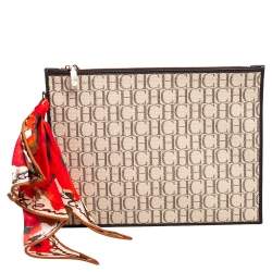 Pre Owned Carolina Herrera Ivory/Brown Monogram Canvas and Leather Zip Pouch