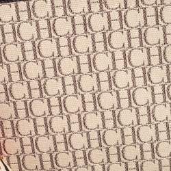 Pre Owned Carolina Herrera Ivory/Brown Monogram Canvas and Leather Zip Pouch