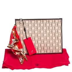 Pre Owned Carolina Herrera Ivory/Brown Monogram Canvas and Leather Zip Pouch