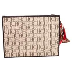 Pre Owned Carolina Herrera Ivory/Brown Monogram Canvas and Leather Zip Pouch