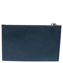 Pre Owned Carolina Herrera Metallic Blue Micro Monogram Embossed Leather Wristlet Pouch
