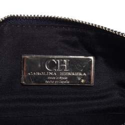 Pre Owned Carolina Herrera Metallic Blue Micro Monogram Embossed Leather Wristlet Pouch