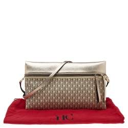 Pre Owned Carolina Herrera Cream/Gold Signature Coated Canvas and Leather Inro Clutch
