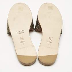 Pre Owned Carolina Herrera Gold/Black Leather Initials Insignia Crystals Flat Slides Size 39
