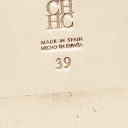 Pre Owned Carolina Herrera Gold/Black Leather Initials Insignia Crystals Flat Slides Size 39