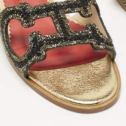 Pre Owned Carolina Herrera Gold/Black Leather Initials Insignia Crystals Flat Slides Size 39