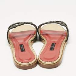 Pre Owned Carolina Herrera Gold/Black Leather Initials Insignia Crystals Flat Slides Size 39