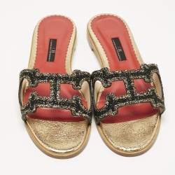 Pre Owned Carolina Herrera Gold/Black Leather Initials Insignia Crystals Flat Slides Size 39