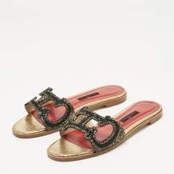 Pre Owned Carolina Herrera Gold/Black Leather Initials Insignia Crystals Flat Slides Size 39