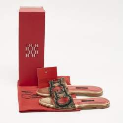 Pre Owned Carolina Herrera Gold/Black Leather Initials Insignia Crystals Flat Slides Size 39