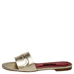 Pre Owned Carolina Herrera Metallic Gold Leather Slide Sandals Size 38