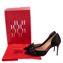 Pre Owned Carolina Herrera Black Satin Crystal Embellished Buckle Pointed Toe Pumps Size 39